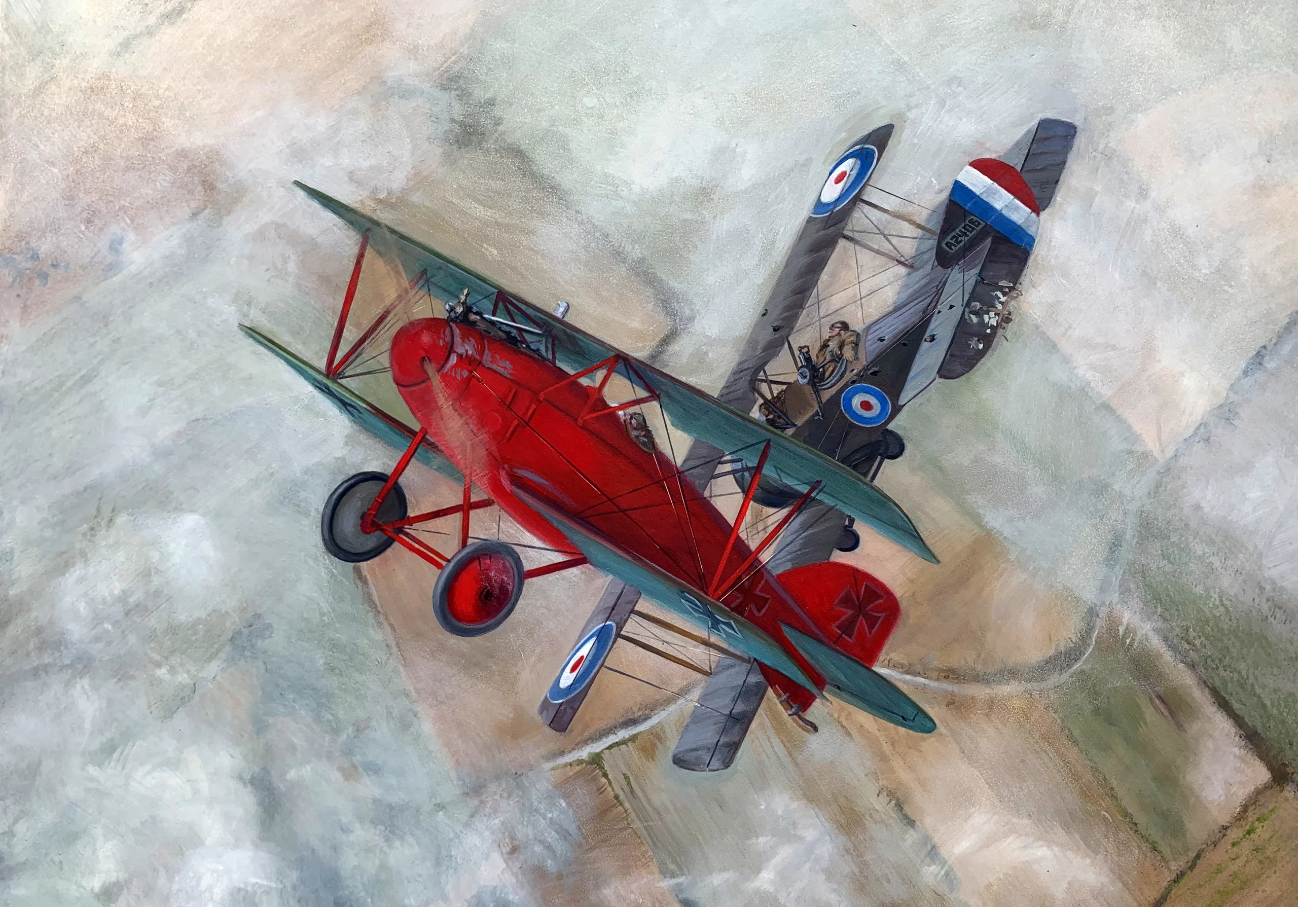 two red and blue airplanes flying in the sky